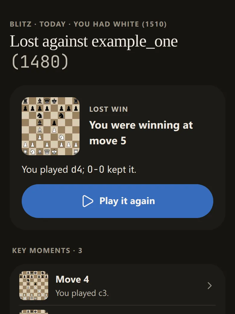 An example game page with three key moments marked