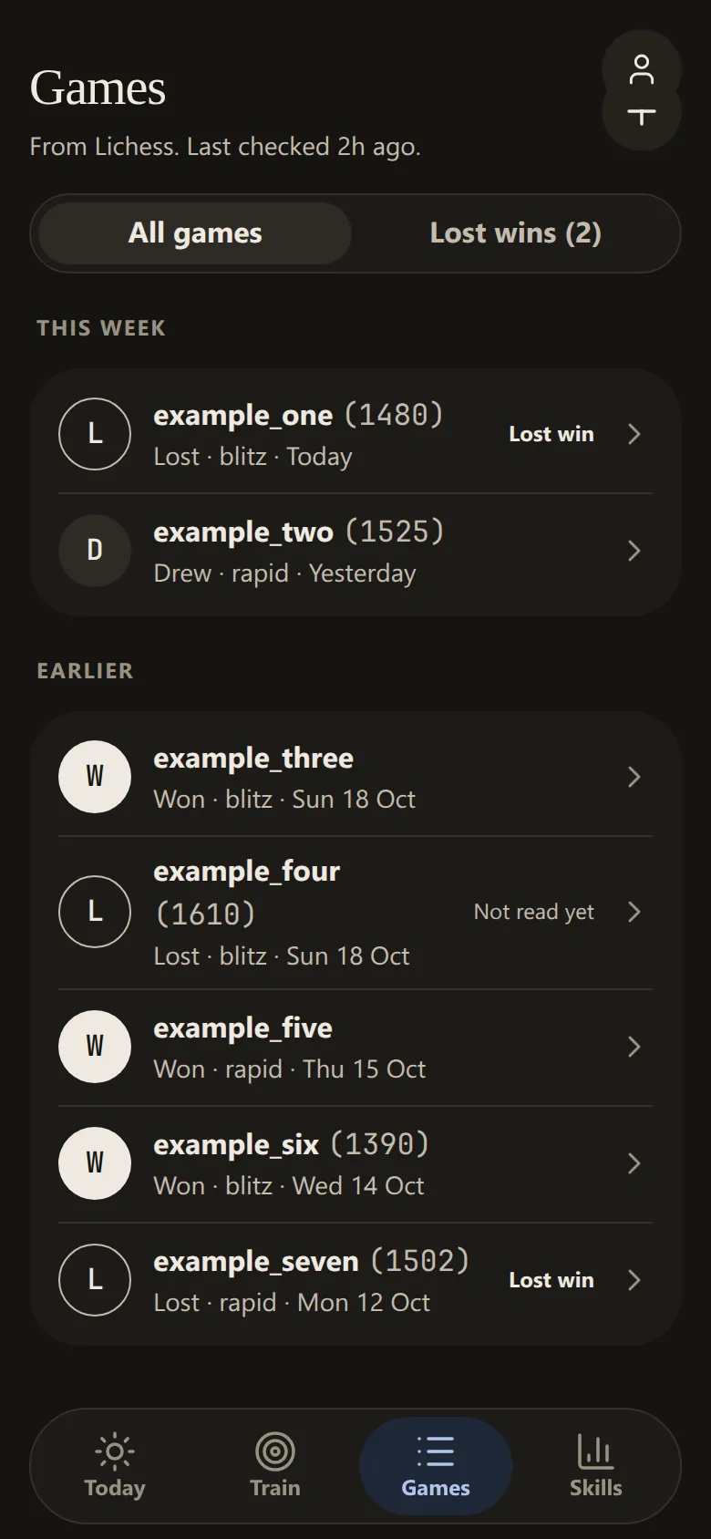The Games screen in Gambits, listing example games with their results