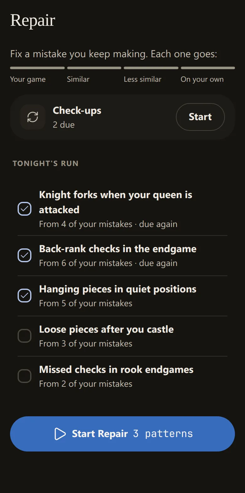 The Repair screen: the four steps, and tonight’s patterns, such as knight forks when your queen is attacked, from 4 of your mistakes